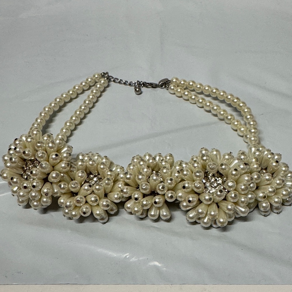 Charming Charlie multi-strand faux pearl/rhinestone statement flower necklace.